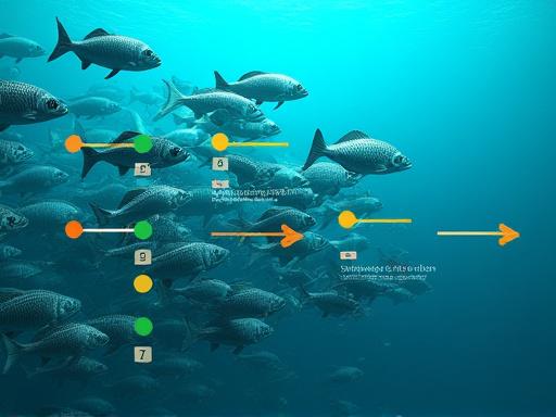Et bilde av en fiskestim hvor et AI-overlay tydelig identifiserer ulike fiskearter, estimerer antall og visualiserer bevegelsesbaner for optimal fangst.